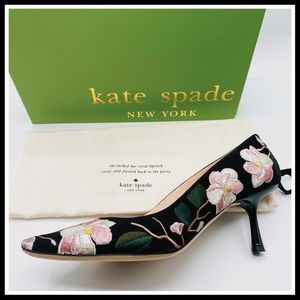 KATE SPADE Embroidered Black Suede Kitten Heels